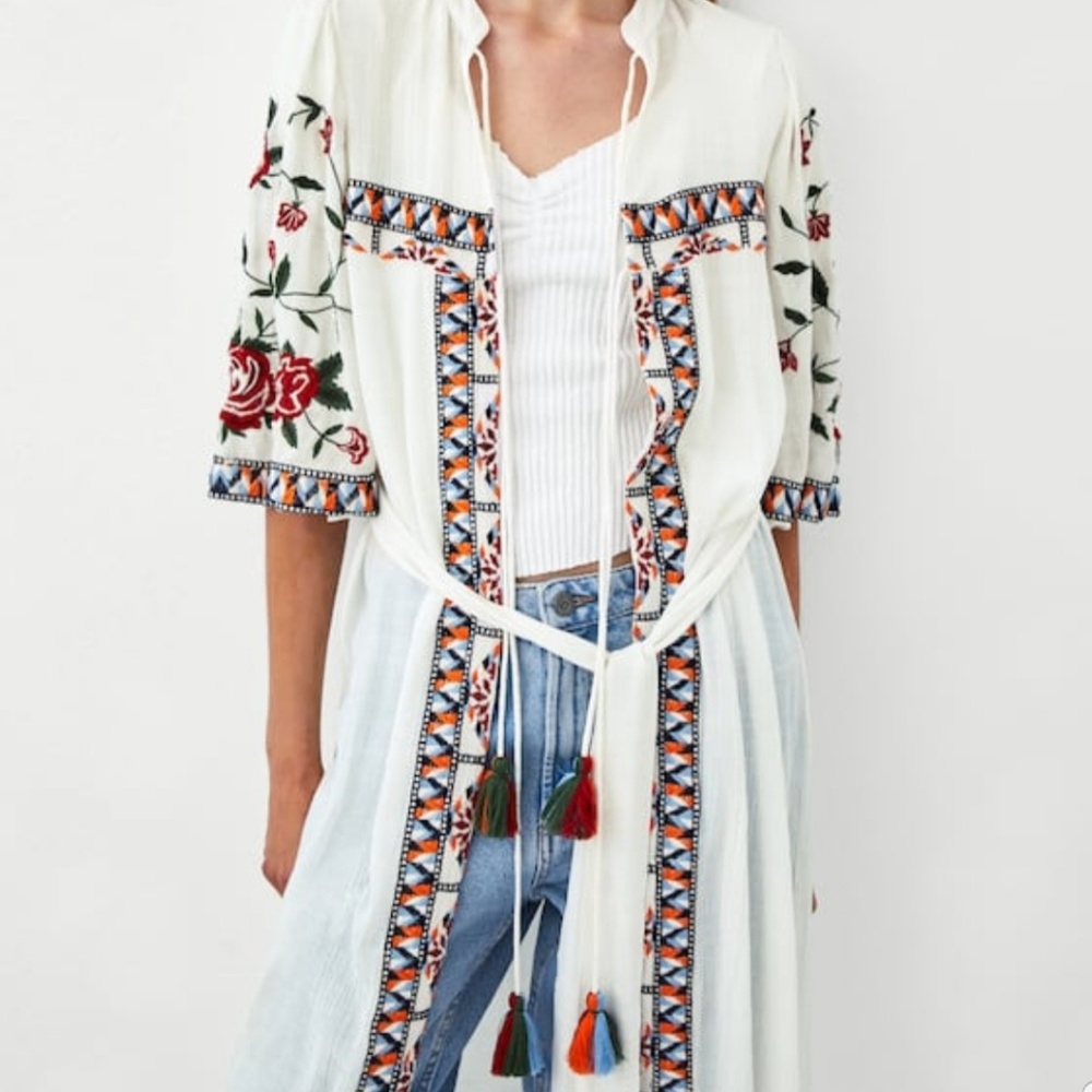 Zara pom pom Embroidered long cardigan kimono NWT